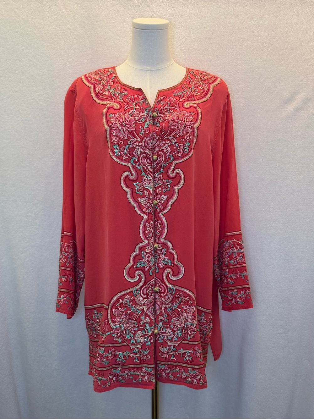 Vintage Diane Gilman 100% Silk Mango Tunic Asian-inspired Embroidery Sequins Top